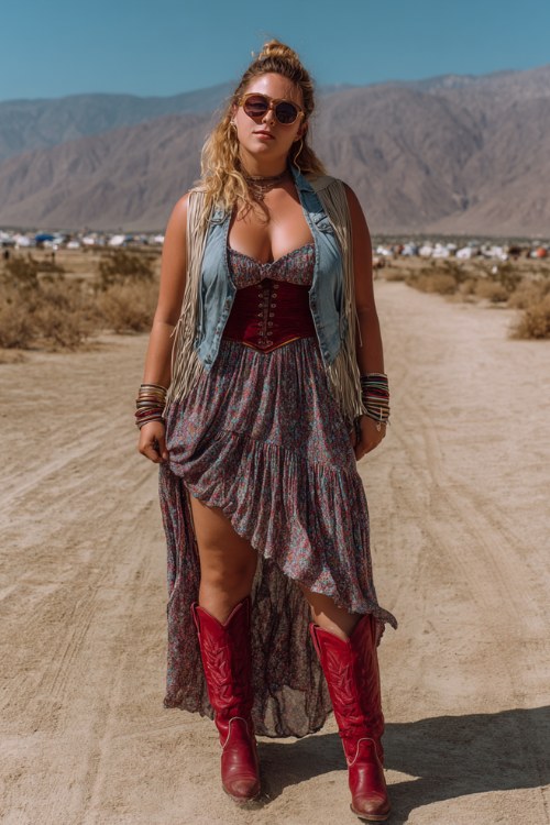 A curvy woman wears red cowboy boots with a flowy boho maxi dress and corset belt, layered with a fringe vest and stacked bangles