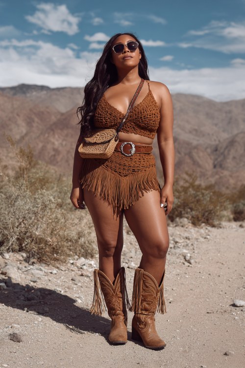 A curvy woman wears tan cowboy boots with a crochet two-piece set and wide western belt, accessorized with oversized sunglasses and a fringe crossbody bag