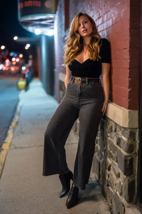 A curvy woman wears wide-leg jeans with a sleek bodysuit and a statement belt, paired with pointed-toe boots