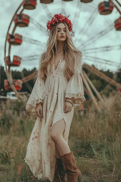 A dreamy woman in a beige embroidered maxi dress with bishop sleeves and a red floral crown, paired with suede boots, standing near a Ferris wheel 