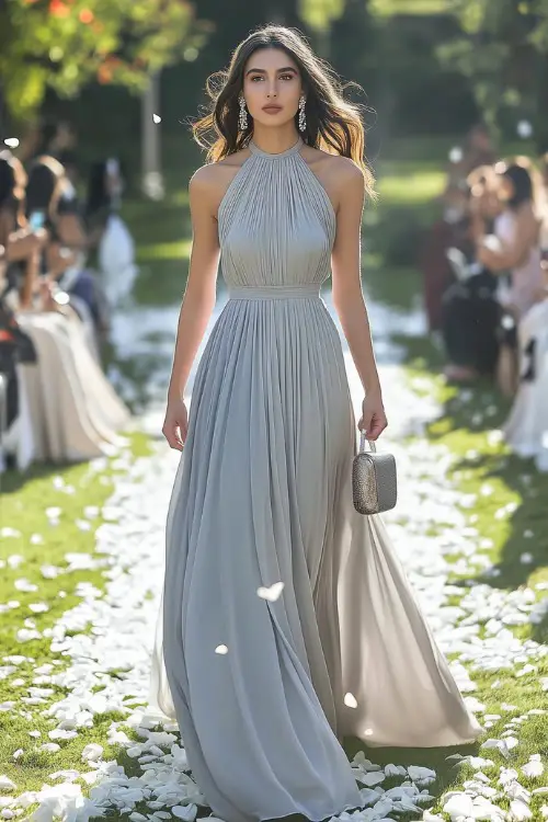 A fashionable woman in a flowing chiffon gown with a high neckline and cinched waist, complemented by delicate earrings and a metallic clutch