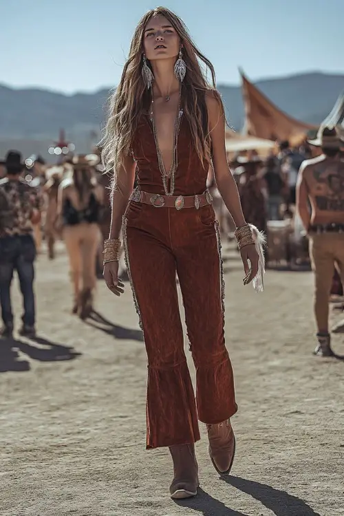 A festival-goer in a deep brown suede jumpsuit with flared legs, accessorized with cowboy boots and feather earrings, walking near a desert festival setting 