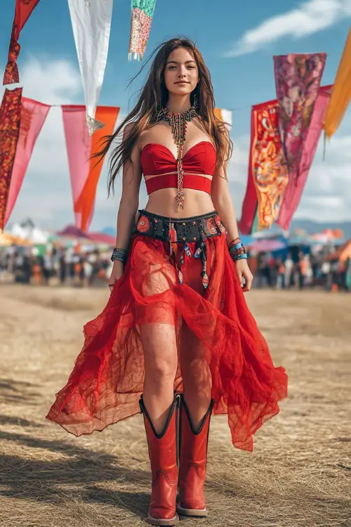 A festival-goer in a red corset top with a sheer maxi skirt, styled with red cowboy boots and layered necklaces, standing under festival flags