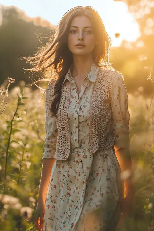 A festival-goer wearing a button-up long dress with subtle floral print, layered with a short crochet vest and paired with ankle boots, posing in a sunlit open field
