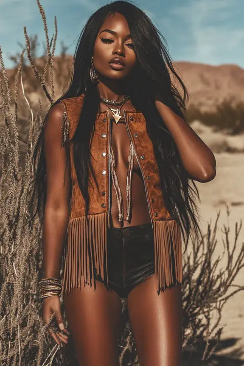 A festival-ready Black woman in a fringe-trimmed suede vest over a mini dress with cowboy boots and stacked bracelets, posing beside desert brush