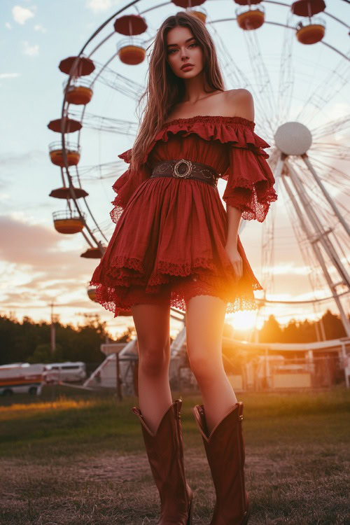 A free-spirited woman in a deep red off-the-shoulder peasant dress with tiered layers, paired with knee-high cowboy boots and a vintage leather belt