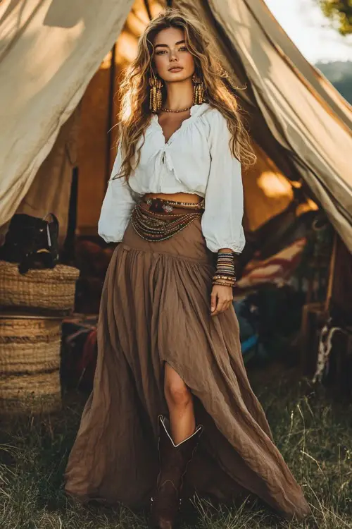 A free-spirited woman in a flowy, earth-toned maxi skirt with a tied-up white cotton blouse, paired with cowboy boots and stacked beaded bracelets 