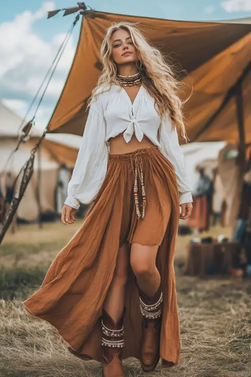 A free-spirited woman in a flowy, earth-toned maxi skirt with a tied-up white cotton blouse, paired with cowboy boots and stacked beaded bracelets