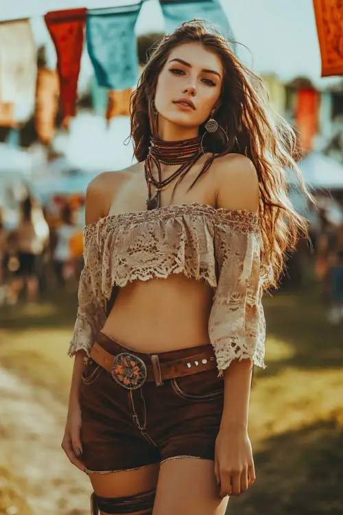 A free-spirited woman in a vintage-inspired off-the-shoulder blouse with high-waisted suede shorts, styled with cowboy boots and a layered necklace 