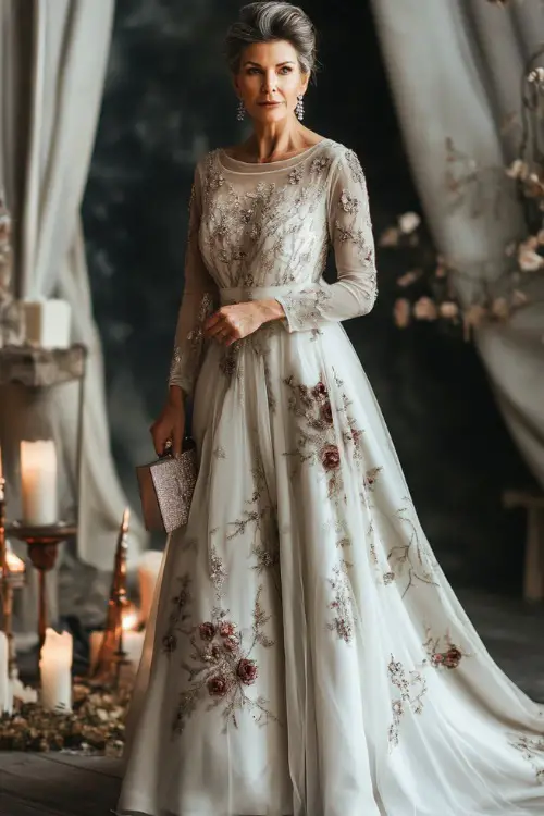 A graceful woman over 40 in an A-line tea-length dress with intricate embroidery and sheer long sleeves, accessorized with a chic clutch and heels
