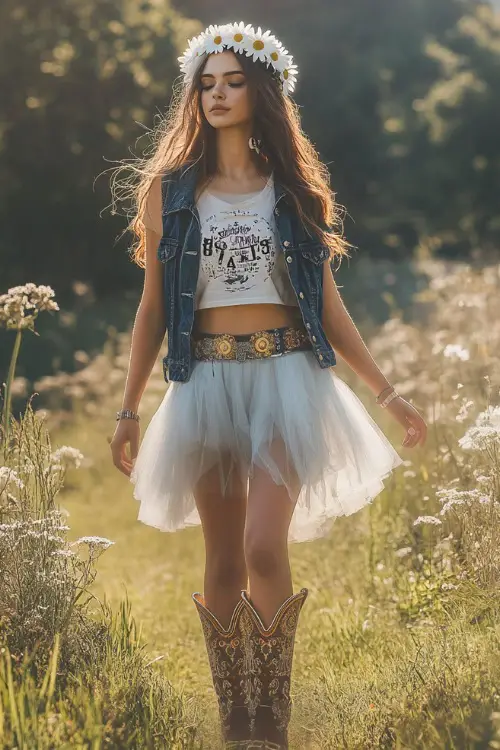 A laid-back woman in a tulle skirt and knotted graphic tee with a white daisy crown, cowboy boots, and a denim vest, walking in a grassy festival area 
