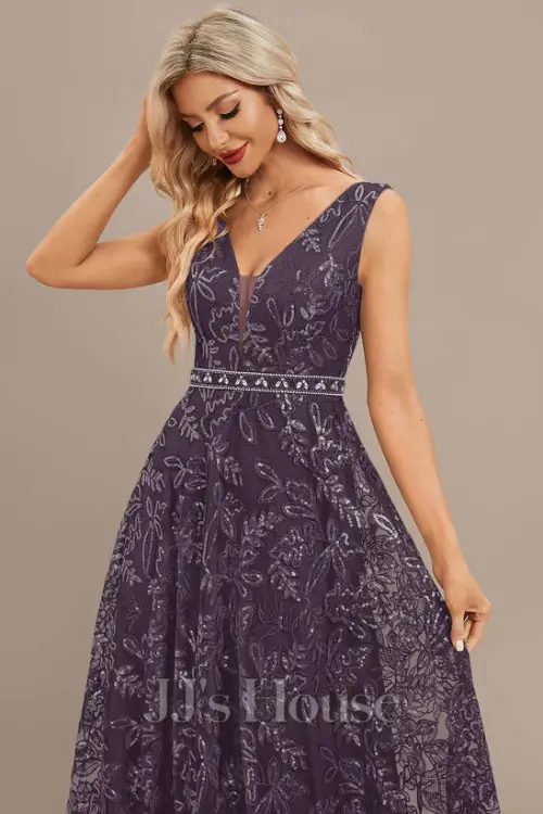 A-line Cold Shoulder Halter Floor-Length Lace Chiffon Evening Dress With Sequins