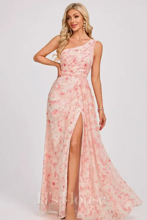 A-line One Shoulder Ruffle Chiffon Dress