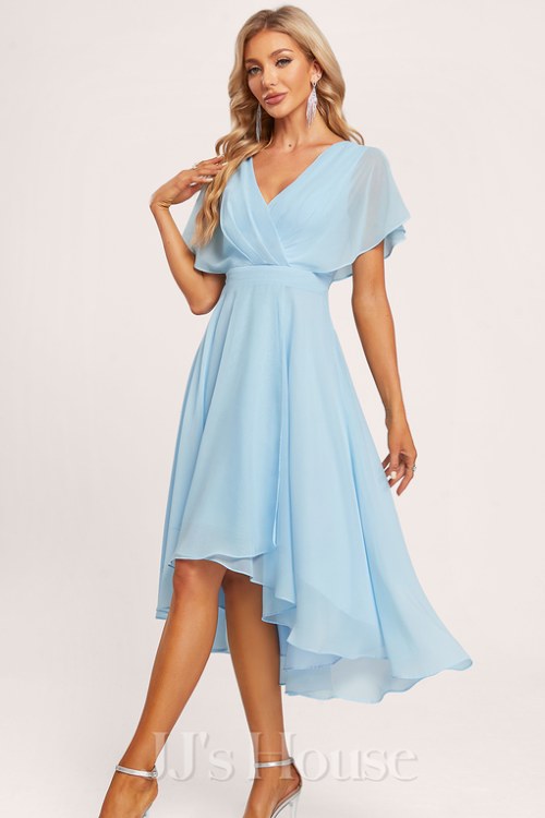 A-line V-Neck Asymmetrical Chiffon Cocktail Dress With Ruffle