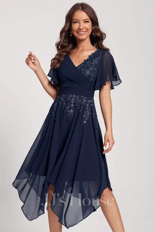A-line V-Neck Asymmetrical Lace Chiffon Cocktail Dress With Sequins