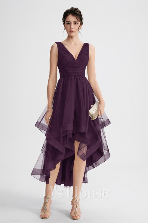 A-line V-Neck Asymmetrical Tulle Cocktail Dress With Cascading Ruffles Pleated