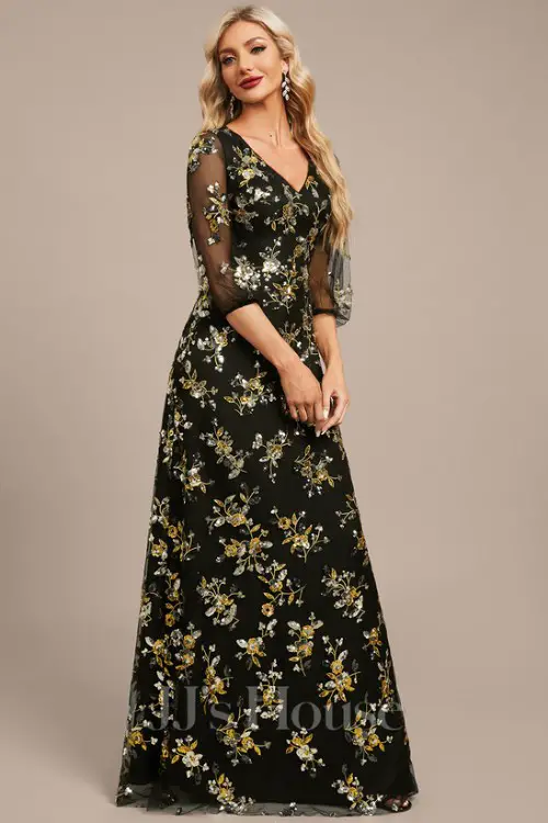 A-line V-Neck Floor-Length Lace Floral Sequin Evening Dress