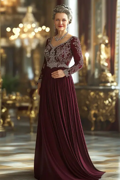 A mature woman in a burgundy floor-length evening dress with a fitted bodice, long sleeves, and a subtle shimmer, wearing elegant stiletto heels and diamond jewelry
