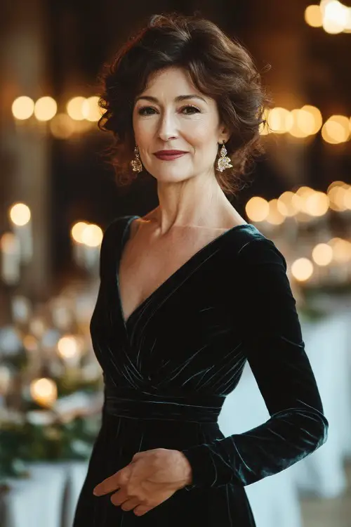 A mature woman in a classy long-sleeve velvet dress with a wrap waist, styled with a chic clutch and soft curls (2)