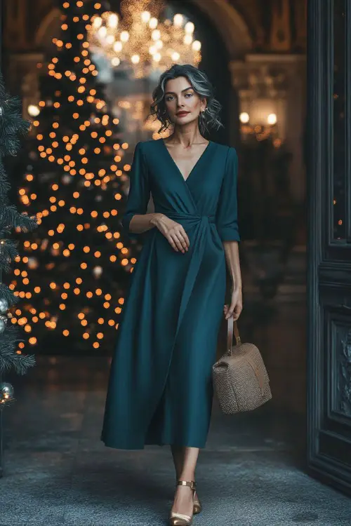 A mature woman in a dark teal wrap dress with three-quarter sleeves and a belted waist, accessorized with elegant gold heels and a matching handbag