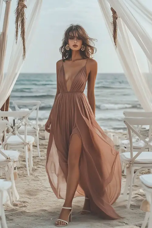 A mature woman in a dusty rose tiered maxi dress with a plunging neckline and flowy fabric, wearing gold hoop earrings and strappy heels