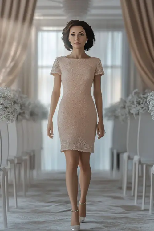 A mature woman in a fitted knee-length dress with delicate lace accents, accessorized with pearl studs and strappy heels