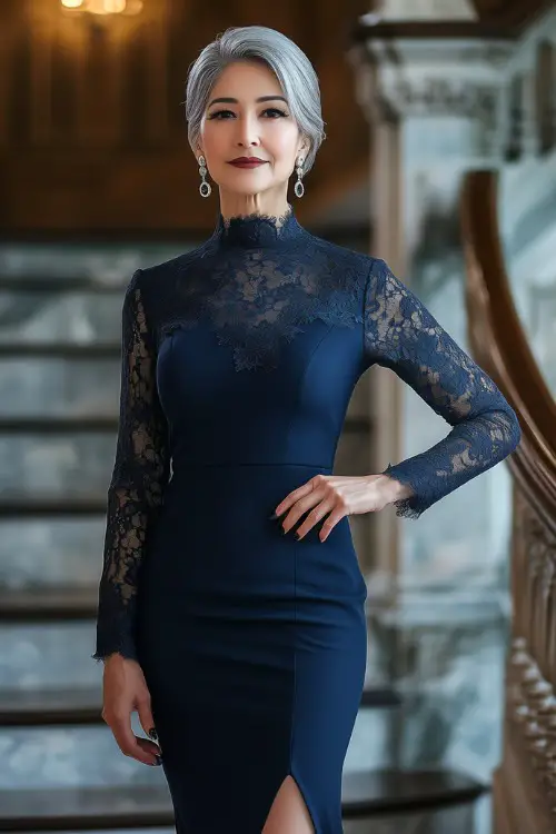 A mature woman in a fitted navy blue cocktail dress with a high neckline and sheer lace sleeves, accessorized with silver drop earrings and classic black heels