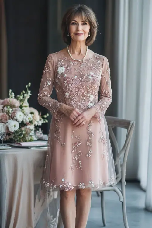 A mature woman in a knee-length dusty rose A-line cocktail dress with sheer long sleeves and intricate floral embroidery 