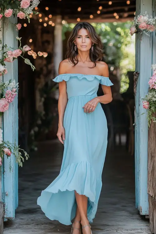 A mature woman in a light blue flowy midi dress with an off-the-shoulder neckline and ruffled hem, styled with strappy sandals and soft curls
