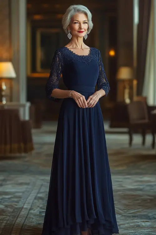 A mature woman over 40 in a deep navy blue floor-length gown with elegant lace sleeves and a cinched waist, accessorized with silver earrings and metallic heels
