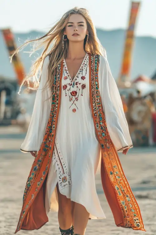 A modest Coachella outfit featuring a long boho kimono over a high-neck dress with embroidered trim, styled with ankle boots and natural makeup 
