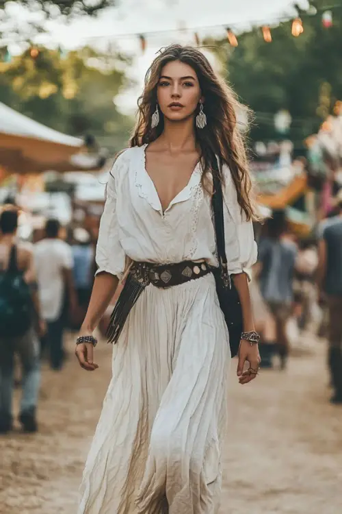 A modest bohemian woman in a loose cotton blouse tucked into a floor-length crinkled skirt, styled with a fringe crossbody and cowboy boots