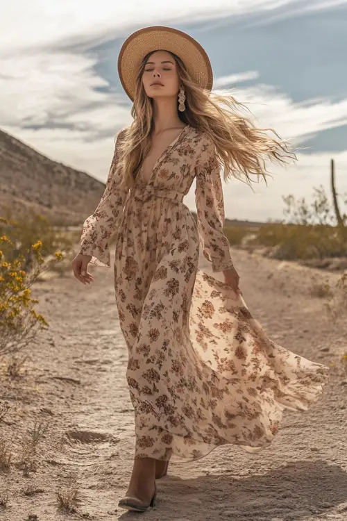 A modest boho woman in a flowy floral print maxi dress with long sleeves and a tie waist, paired with ankle boots and a straw hat