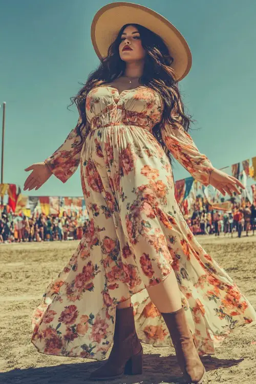 A plus-size woman in a modest floral maxi dress with long sleeves and a high waist, accessorized with ankle boots and a wide-brim hat, posing under Coachella flags