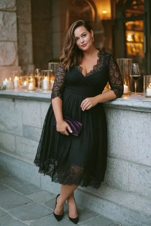 A plus-size woman over 40 wears a black lace midi dress featuring sheer sleeves, a scalloped neckline, and a softly flared silhouette