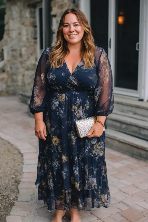 A plus-size woman over 40 wears a navy floral chiffon dress featuring sheer sleeves, a modest neckline, and a breezy tiered silhouette