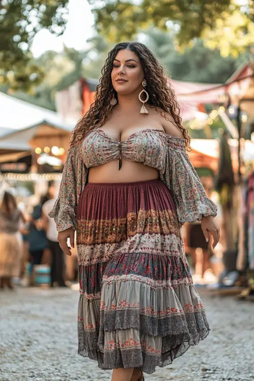 A plus-size woman wearing a smocked peasant blouse with long bell sleeves and a flowy tiered skirt, styled with strappy sandals and boho earrings