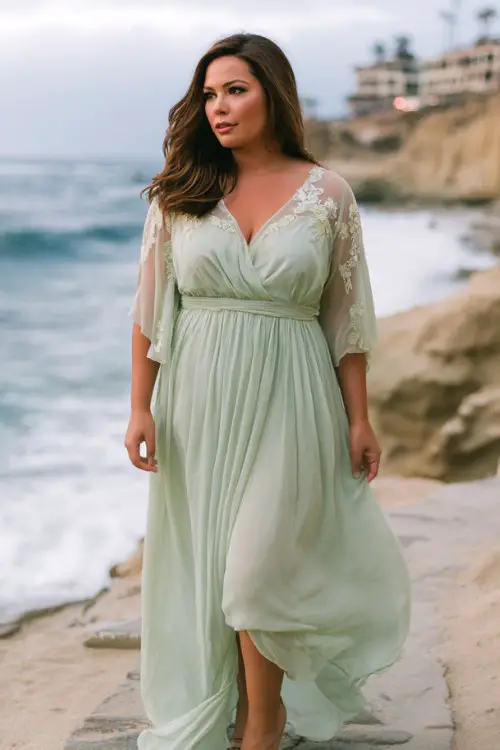 A plus-size woman wears a flowing mint chiffon maxi dress with sheer overlay, embroidered floral details, and softly draped waistline