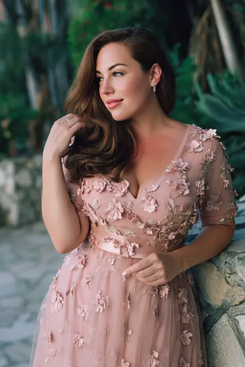 A plus-size woman wears a sophisticated cocktail dress with 3D floral appliqué across a soft tulle overlay, defined waist and graceful skirt flow, paired with chic heeled sandals