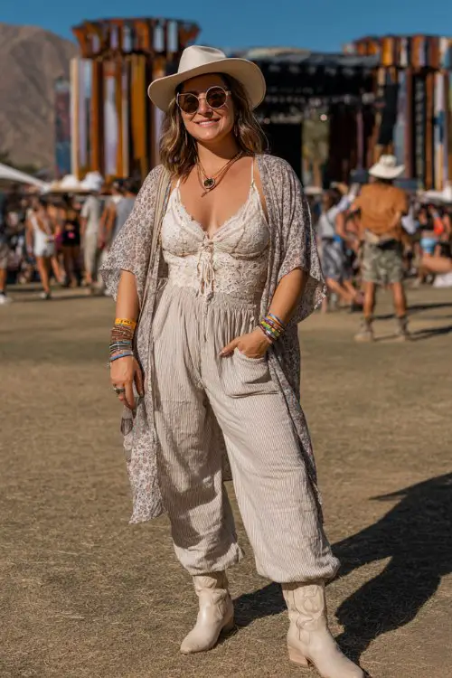 A plus-size woman wears beige cowboy boots with wide-leg linen pants and a lace-trim camisole, layered with a lightweight kimono and stacked bracelets