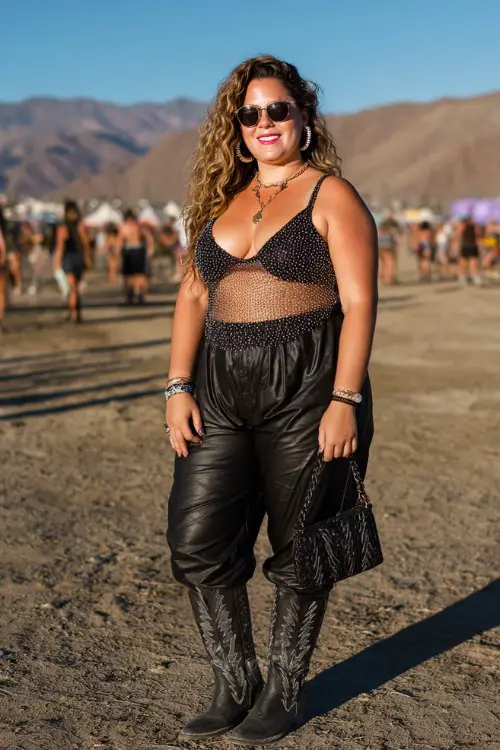 A plus-size woman wears black cowboy boots with faux-leather flare pants and a rhinestone mesh top layered over a bralette