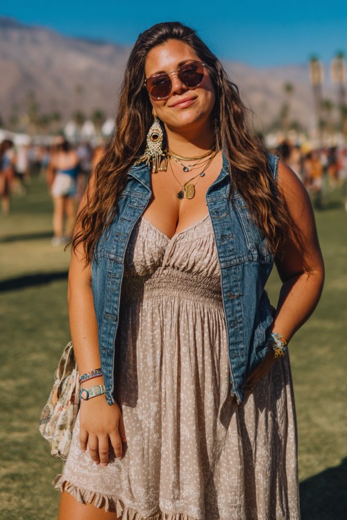 A plus-size woman wears cream cowboy boots with a flowy bohemian maxi dress and a structured denim jacket layered over it