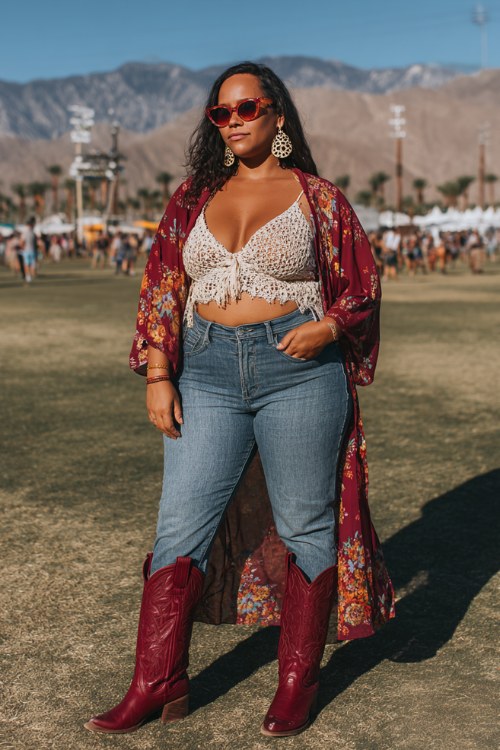 A plus-size woman wears deep red cowboy boots with high-waisted flare jeans and a crochet crop top, layered with a breezy kimono and statement earrings