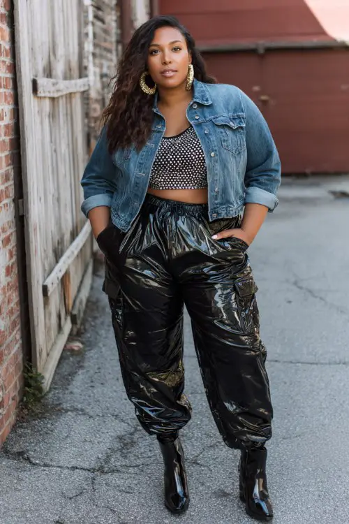 A plus-size woman wears glossy black boots with faux-leather cargo pants and a crystal-embellished crop top
