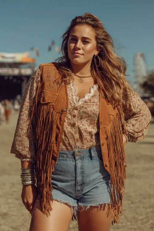 A plus-size woman wears tan cowboy boots with high-waisted denim shorts and a flowy embroidered blouse, layered with a fringe vest and stacked bangles