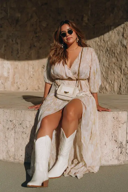 A plus-size woman wears white cowboy boots with a flowing chiffon maxi dress in soft neutral tones, accessorized with a structured crossbody bag and statement earrings