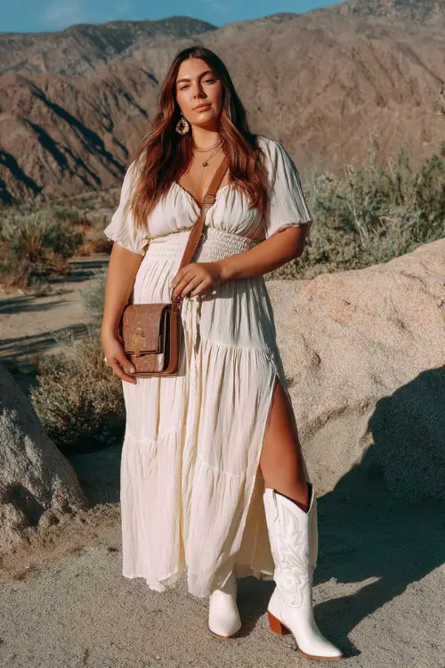 A plus-size woman wears white cowboy boots with a flowing chiffon maxi dress in soft neutral tones, accessorized with a structured crossbody bag and statement earrings