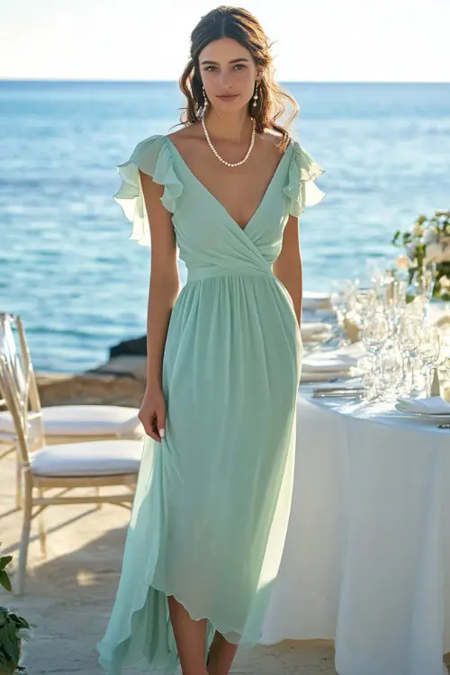 A refined woman in a seafoam green lightweight chiffon dress with ruffle sleeves and a flattering wrap design, accessorized with delicate pearl jewelry