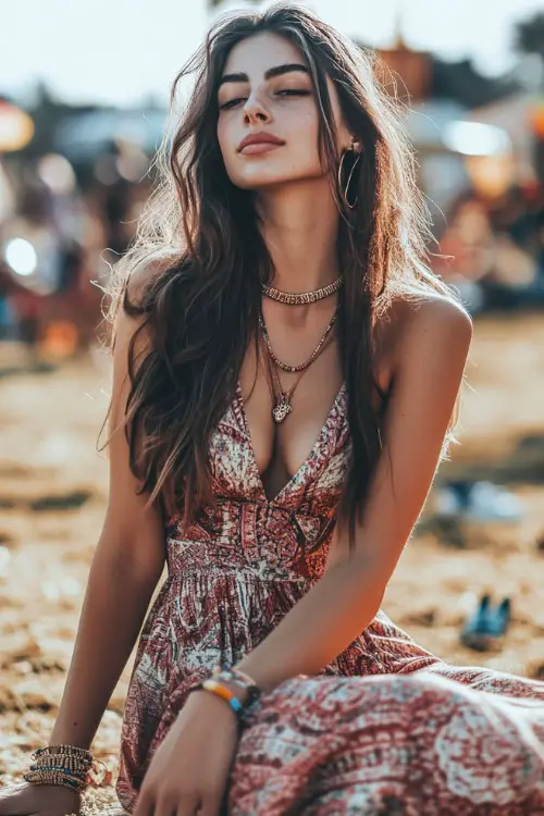 A relaxed festival-goer in a sleeveless printed maxi dress with a cinched waist, styled with tan slip-on sandals and a beaded necklace 