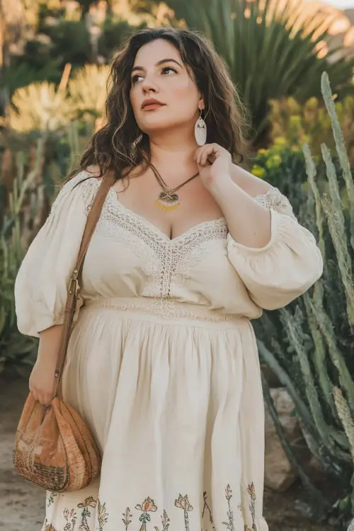 A relaxed plus-size outfit featuring a boho midi skirt with a lightweight peasant top and a canvas tote bag, standing near desert plants 